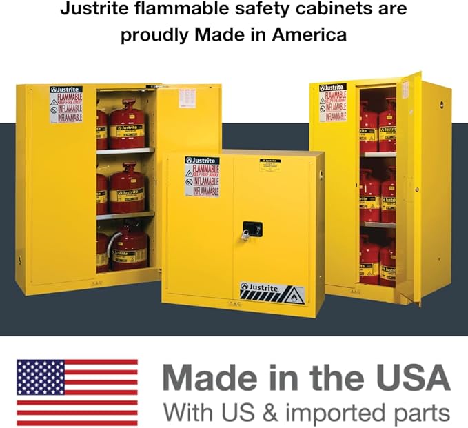 Justrite 17 Gallon Self Close Piggyback Flammable Storage Cabinet, 18 Gauge Steel, 1 Shelf, 2 Door Fire Cabinet, 24" x 43" x 18", Made in The USA, White, 891725