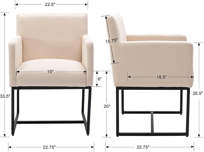 Linen Upholstered Dining Chairs with Arms Set of 4 Mid Century Modern Accent Chairs Armchairs with Black Metal Frame, Modern Kitchen & Dining Room Chairs, Cream