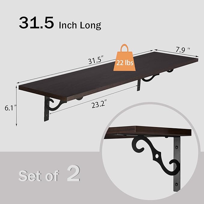 DINZI LVJ Long Wall Shelves, 31.5" Large Floating Shelves Set of 2, Farmhouse Display Shelf Wall Mounted with Heavy Duty Brackets, Easy Assembly for Kitchen, Bathroom, Bedroom, Balcony, Espresso