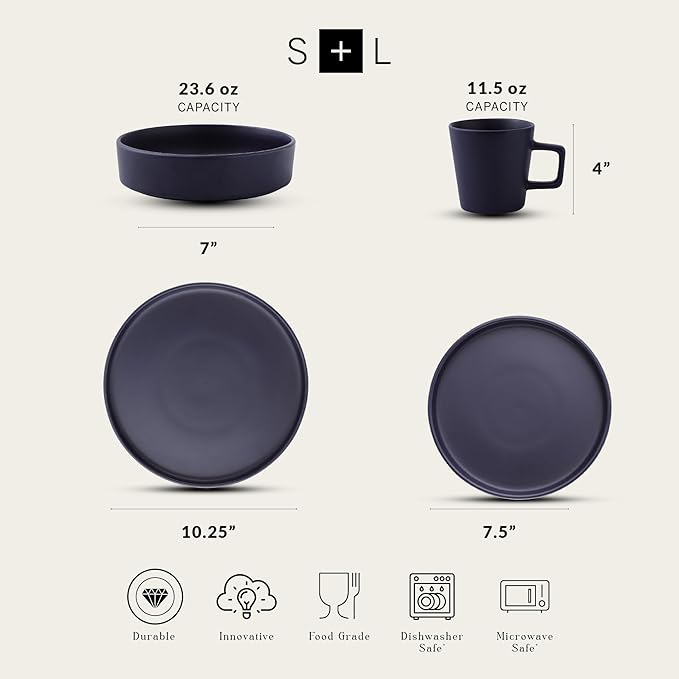 Stone Lain Cleo Modern Stoneware 16-Piece Dinnerware Set, Plates and Bowls Set, Dish Set Service For 4, Dark Blue