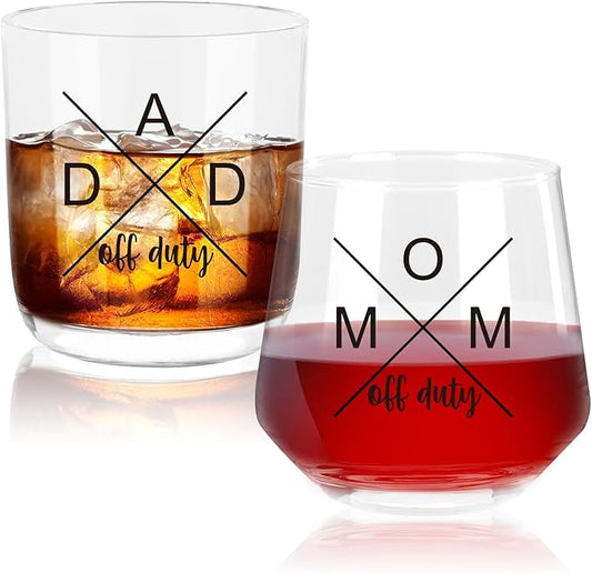 Ithmahco Parents Christmas Gifts, Mom Off Duty Dad Off Duty Wine and Whiskey Glass Set, First Time Parent Gifts, New Parents' Gift For Couples, Best Gift for expecting Mother and Father