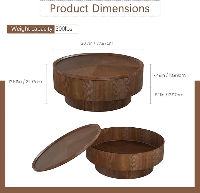 Round Coffee Table with Storage 30.7'' Modern Luxury Circle Drum Coffee Tables Farmhouse Rustic Wood Coffee Table Circle Pedestal Center Table for Living Room Apartment (Brown)