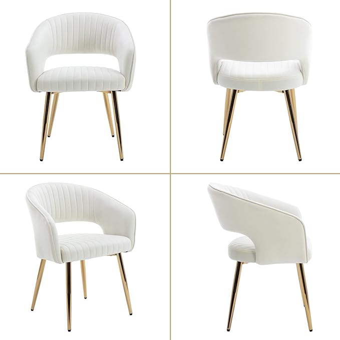 Modern Velvet Dining Chairs Set of 4, Upholstered Gold Dining Room Chairs with Hollow Back, Accent Armrest Kitchen Chairs with Gold Legs for Living Room Reception Beige
