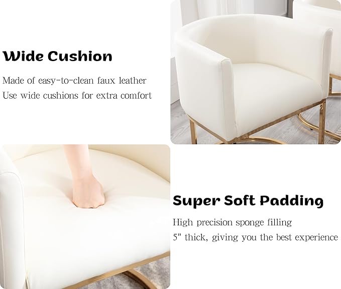 Faux Leather Dining Chairs Set of 2 Modern Barrel Arm Chairs with Golden Metal Frame, Upholstered Kitchen Chairs 18.5" Wide Accent Chairs for Living Room Dining Room Restaurant, White