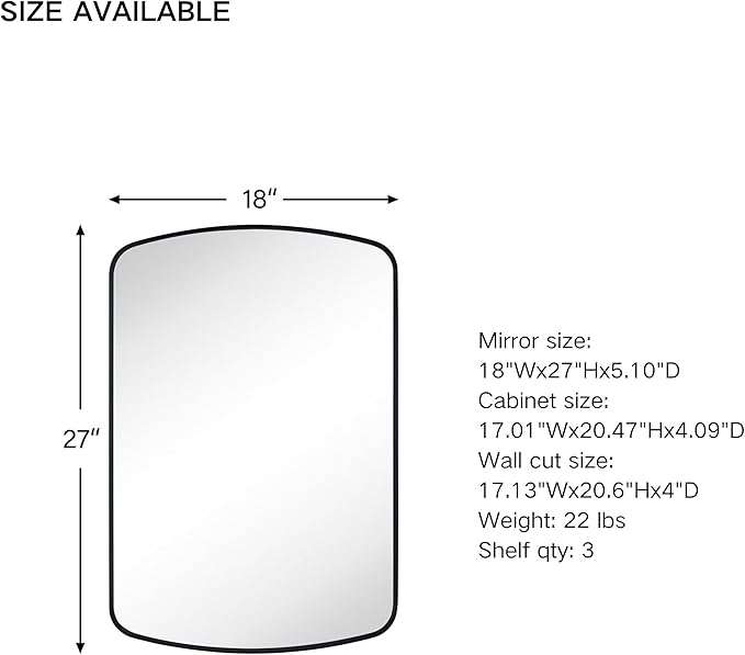 Black Arched Recessed and Surface Mount Bathroom Medicine Cabinet with Mirror Metal Framed Rectangular Bathroom Cabinet with 3 Tempered Glass Adjustable Shelves 18x27''