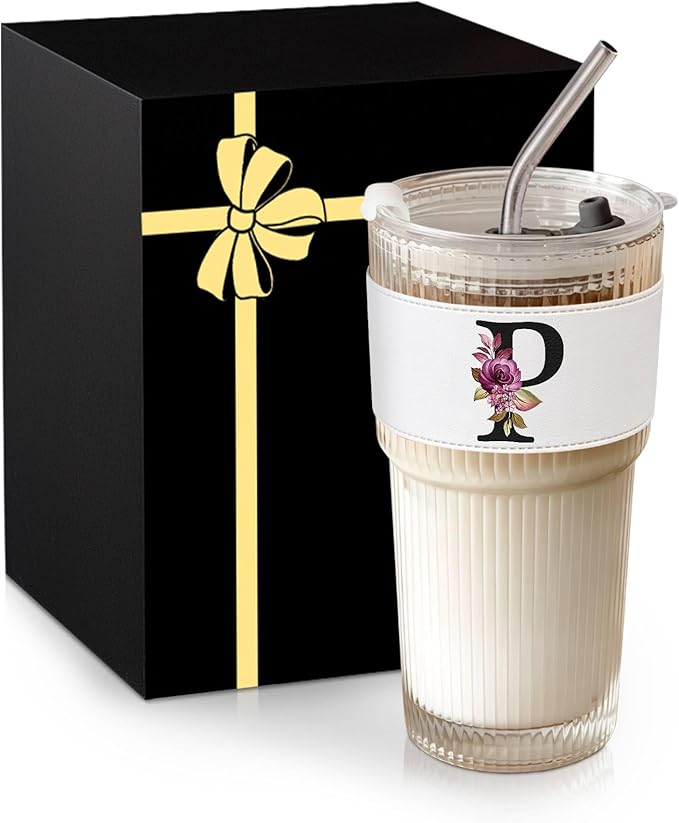 Monogram Glass Cup with Lid Straw Ribbed Matcha Latte Clear Tumbler Teacher Boss Gifts Kindergarten Female Preschool Pre K Prek Middle High School First Year 2nd 3rd 4th 5th Appreciation Grade Gift P