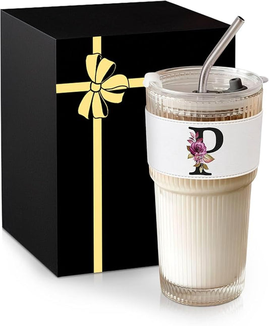 Monogram Glass Cup with Lid Straw Ribbed Matcha Latte Clear Tumbler Teacher Boss Gifts Kindergarten Female Preschool Pre K Prek Middle High School First Year 2nd 3rd 4th 5th Appreciation Grade Gift P