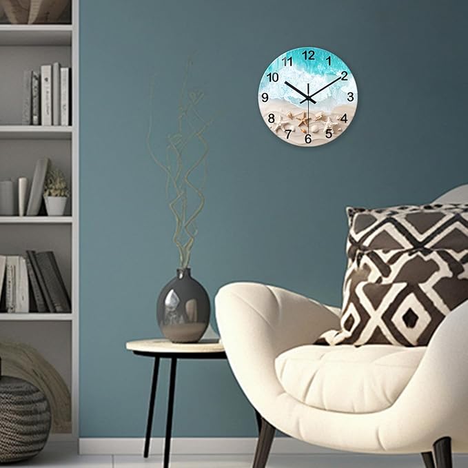 XNM Modern Coastal Wall Clocks Battery Operated 12 Inch Round Blue Beach Clock for Bathroom Silent Wall Clock Non Ticking