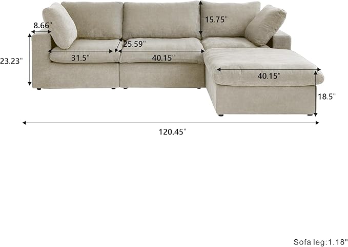 JACH 120" L Shape Cloud Sectional Couches for Living Room, Modern Convertible Modular Sofa, Couch Cushion Covers Removable, Sectional Sofas for Party Bedroom Apartment (Khaki)