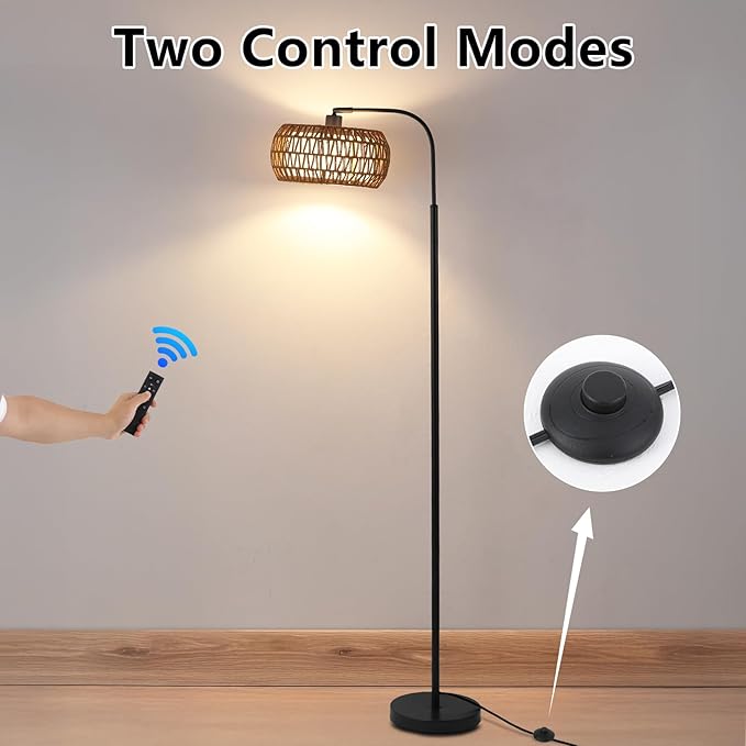 Rattan Floor Lamp for Living Room, Tall Pole Lamp with Adjustable Drum Shade, Foot Switch& Romote, Height Ajustment, Over Couch Arched Floor Light for Reading Bedroom Bulb Included