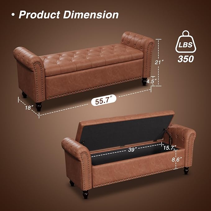 55 Inch Bedroom Storage Bench, Faux Leather End of Bed Bench with Storage, Upholstered Ottoman Foot Rest with Rolled Arms for Bedroom, Living Room, Apartment, Brown