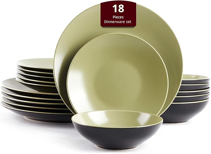 Stoneware Two-Tone Colors Life 18pc Dinner Set，Outside Shiny Black + Inside Matte Glaze Olive