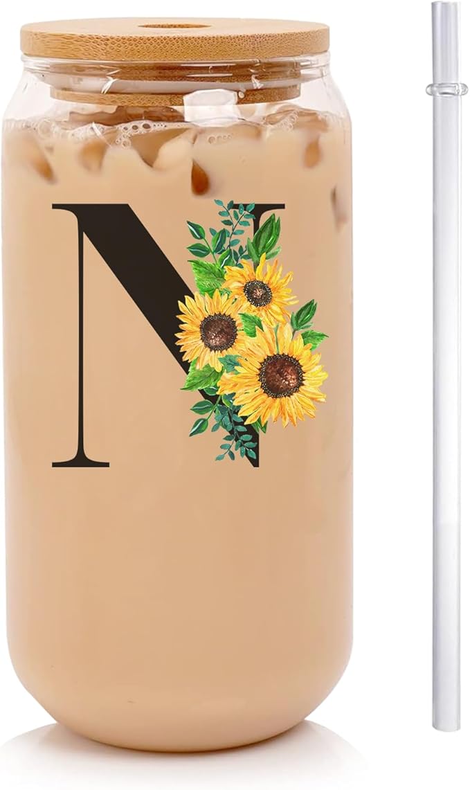 Initial Glass Cups Sunflower with Bamboo Lids and Straws,16oz Iced Coffee Mug Tumbler,Monogrammed Birthday Gifts Mother's Day Sunflower Gifts for Women,Mom,Friend,Sister