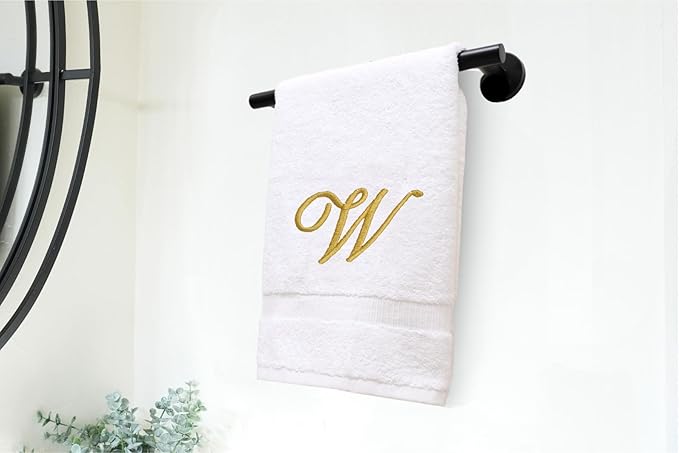 White Monogrammed Hand Towels for Bathroom - Luxury Hotel Quality Personalized Initial Embroidered Towel for Powder Room, Spa - GOTS Organic Certified - Set of 2 Gold Letter W