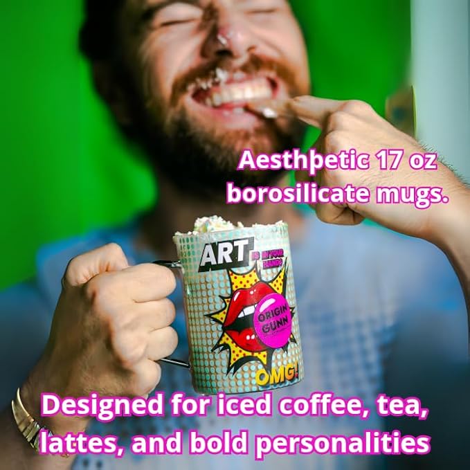 Origin Gunn 17oz Glass Coffee Mugs Set of 2 – Pop Art colorful design, borosilicate glass lightweight cups – dishwasher safe, large coffee mugs gift-ready box for coffee lovers