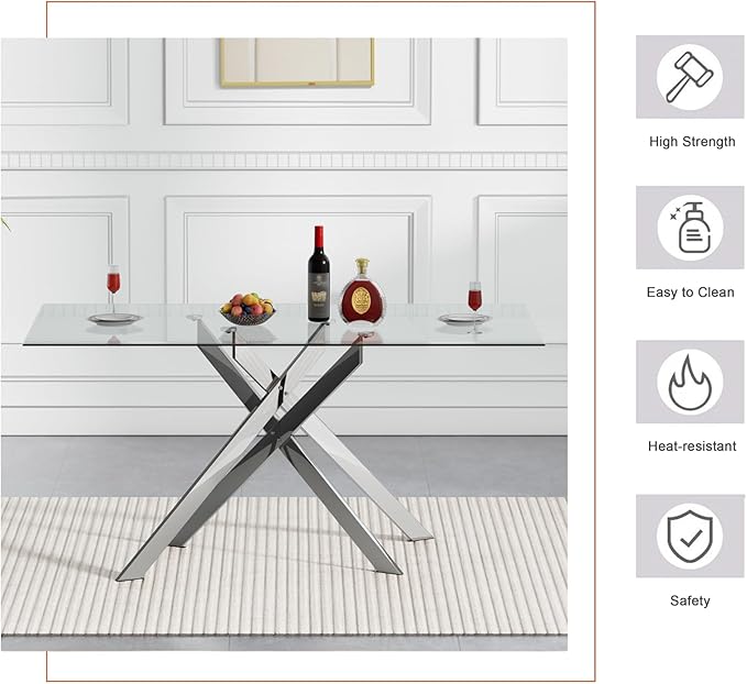 Goujxcy Modern Glass Dining Table Set for 4, Glass Silver Kitchen Table and Chairs Set, 5 Piece Dining Room Table Set with 51" Rectangle Dinner Table and 4 Black Leather Dining Chairs