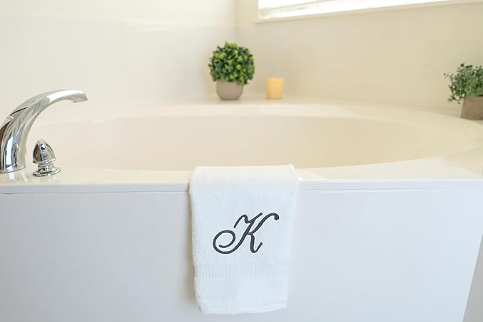 White Monogrammed Hand Towels for Bathroom - Luxury Hotel Quality Personalized Initial Embroidered Towel for Powder Room, Spa - GOTS Organic Certified - Set of 2 Dark Gray Letter K