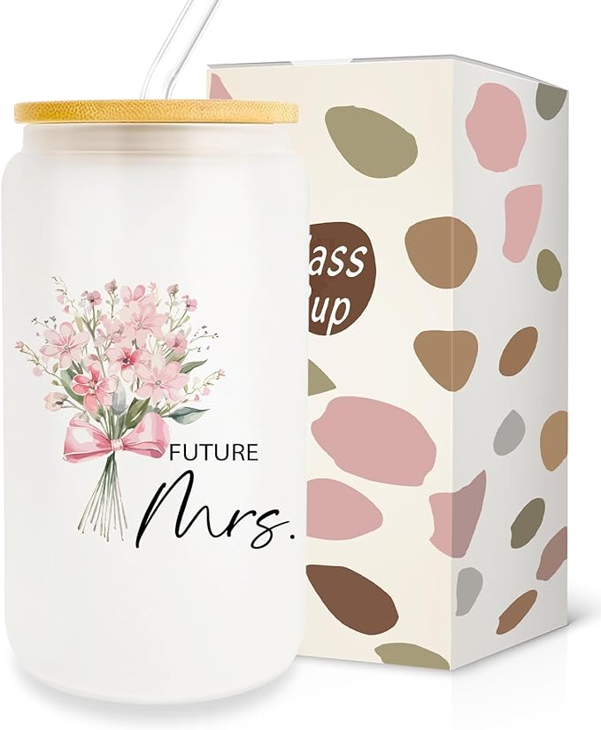Engagement Gifts for Women, Bridal Shower Gift 16oz Glass Cup with Lid and Straw, Bride To Be Gifts, Wedding Gift for Bride, Bride Gifts, Future Mrs Mug Cup, Engaged Gifts for Her