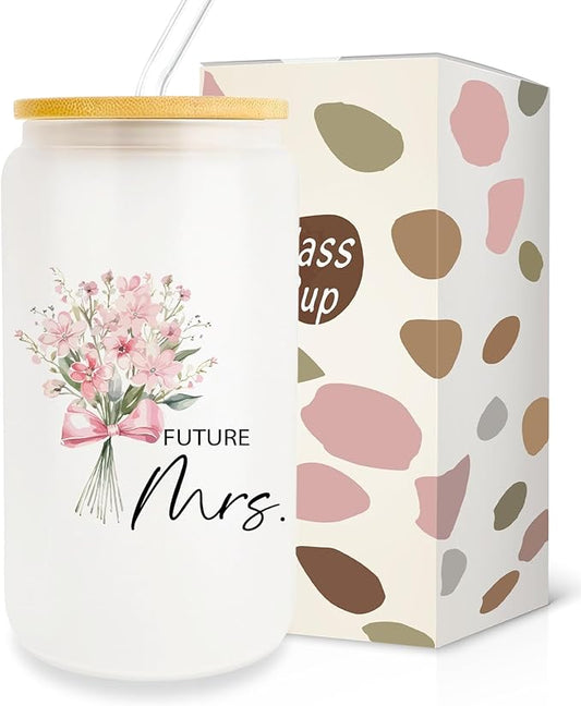 Engagement Gifts for Women, Bridal Shower Gift 16oz Glass Cup with Lid and Straw, Bride To Be Gifts, Wedding Gift for Bride, Bride Gifts, Future Mrs Mug Cup, Engaged Gifts for Her