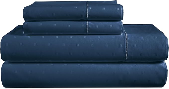 LANE LINEN 100% Egyptian Cotton Bed Sheets King Size, Mercerized Cotton Bedding Sheets, Luxury Hotel Thick Deep Pocket King Sheet Set, French Seams Elegant Jaquard Design Swiss Dot - Estate Blue