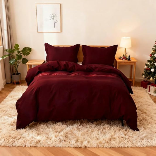 Simple&Opulence French Linen Duvet Cover Set 78" x 86"- 3 Pieces (1 Comforter Cover,2 Pillowcases)- Natural Flax Cotton Blend-Solid Color Breathable Farmhouse Bedding-Burgundy, Full