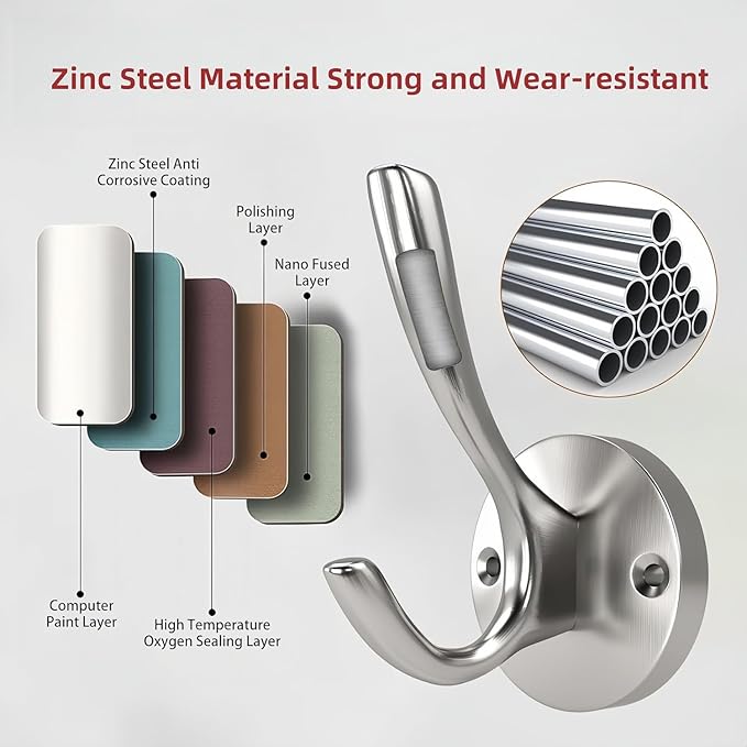 ZUONAI Coat Hooks Brushed Nickel 8 Pack Bathroom Hook for Wall Robe Hook Decorative Metal Clothes Hooks for Hanging Coats and Hat Towel Hang for Bathrooms