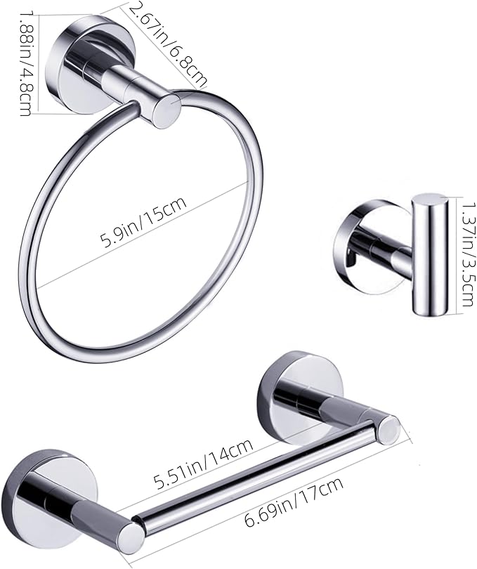Chrome Bathroom Hardware, Polished Silver Toilet Paper Holder Towel Ring Robe Hook Wall Mount Hand Towel Holder Set Tissue Roll Holder with Double Post Accessories SUS304 Stainless Steel 3pc