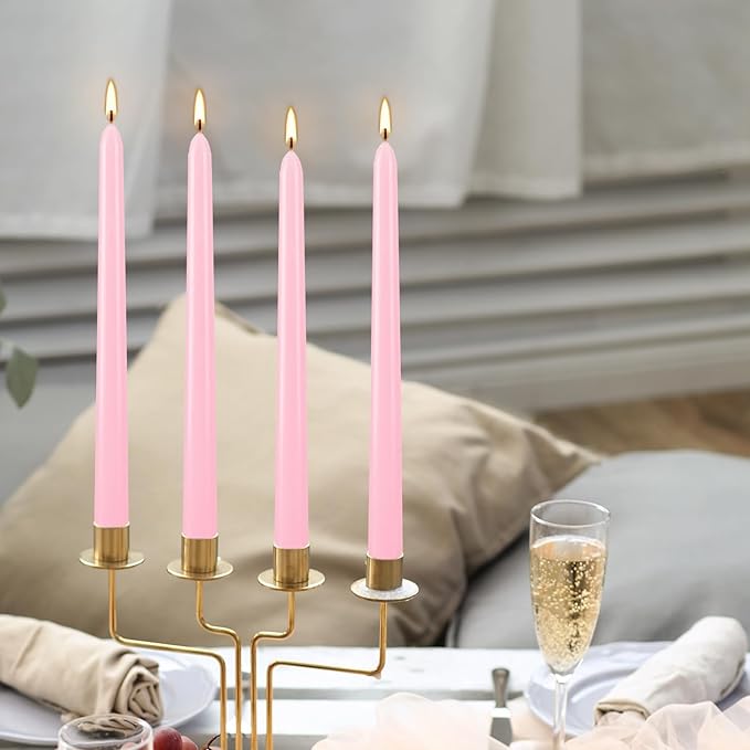 24 Pack Pink Taper Candles, 7-8 Hours Burn Time, Unscented, Smokeless and Dripless, 0.75 x 10 Inch Dinner Candle Set for Valentine's Day,Household, Wedding, Party and Home Décor Candlesticks