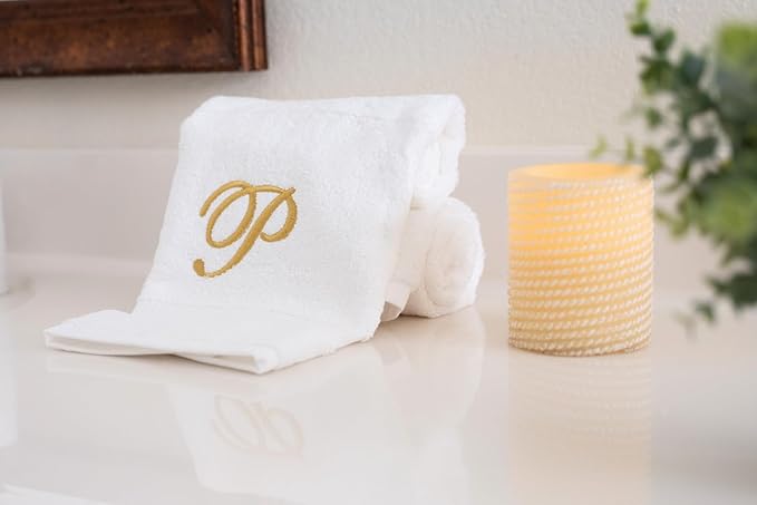 White Monogrammed Hand Towels for Bathroom - Luxury Hotel Quality Personalized Initial Embroidered Towel for Powder Room, Spa - GOTS Organic Certified - Pack of 2 Gold, Letter P