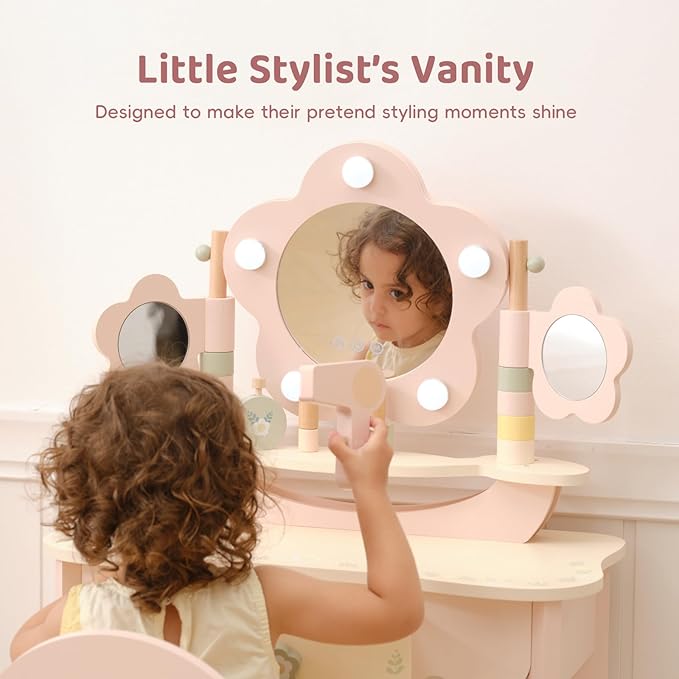 OOOK Kids Vanity Table and Chair Set with Lights, Makeup Vanities with Touch Screen 3 Colors, Pink Girls Vanitys, Enough for Real and Pretend Makeup, Toddler Vanity for 3 Year Old