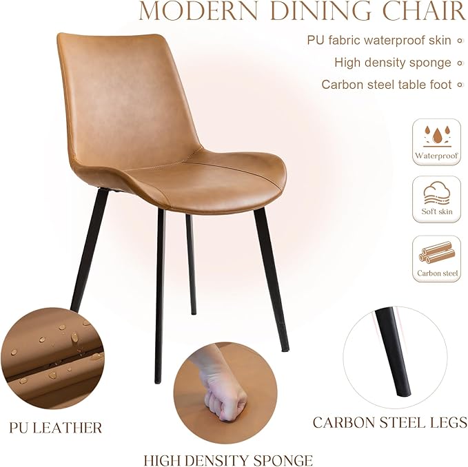 Dining Chairs, Modern PU Leather Dining Room Chair with Sturdy Metal Legs, Upholstered Seat Dinner Chairs Accent Side Chairs for Indoor Kitchen Living Room (Brown, Set of 2)
