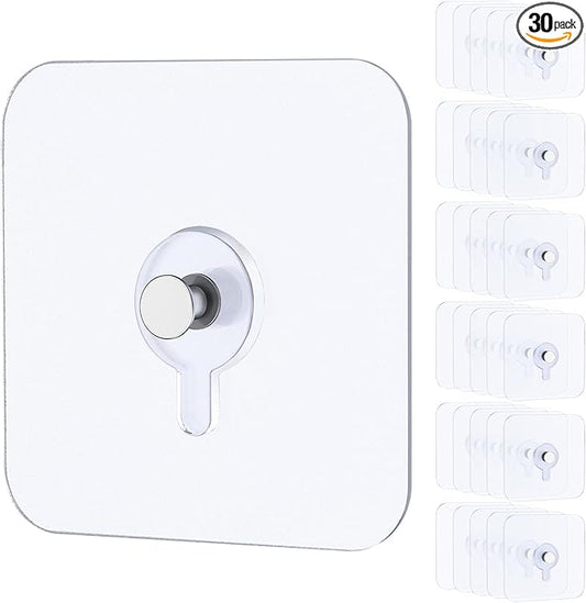 Uniclife 30 Pcs Self Adhesive Picture Hooks 40 lbs Load 2.64" Heavy Duty Picture Hangers Without Nails Adhesive Wall Hooks for Hanging Transparent Waterproof Frame Hangers Sticky Hooks for Bathroom