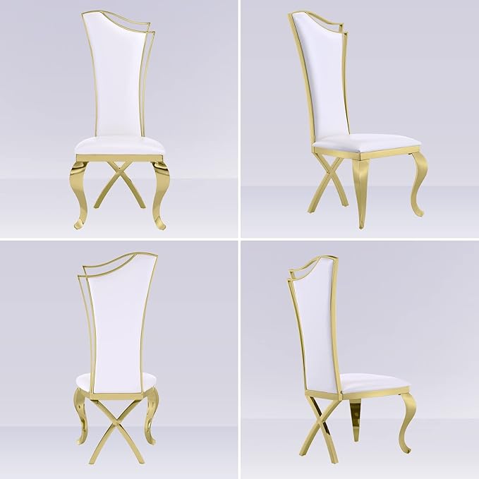White and Gold Dining Chairs Set of 2, White Leather Dining Room Chair with Gold Polished Metal Legs, Glam Upholstered Kitchen Chairs for Dining Room, Kitchen, Living Room