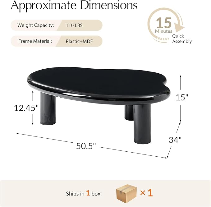 HULALA HOME Modern Cloud-Inspired Coffee Table with Asymmetrical Lacquered Top, Adjustable Legs & Rounded Corners, 50.5”W Contemporary Center Table for Living Room/Office, Holds 110 LBS, Easy Assembly