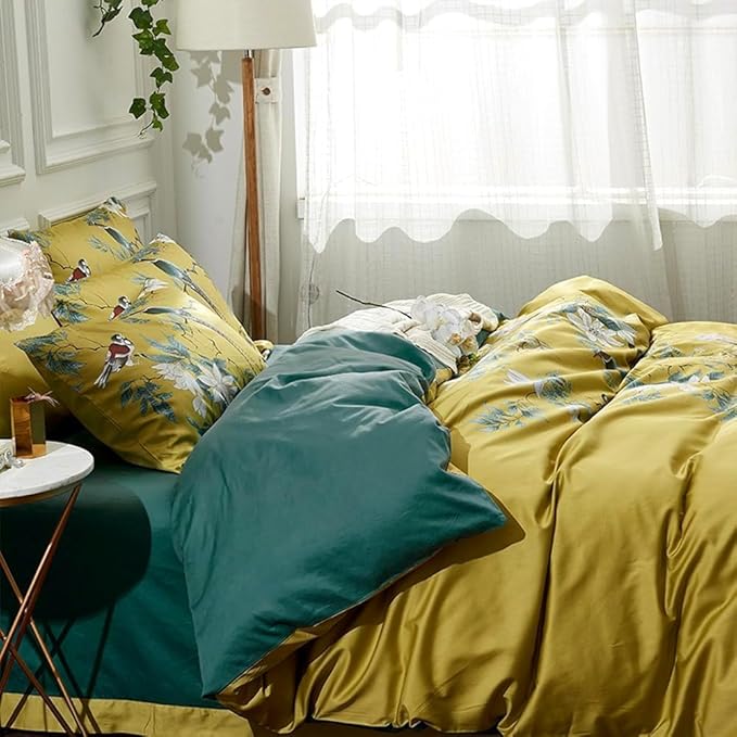 LifeTB Vintage Floral Duvet Cover Set Queen 3 Pieces Birds Flowers Pattern Duvet Cover Luxury Soft Cotton Floral Comforter Cover Garden Style Bird Flowers Bedding Set Queen Size Breathable