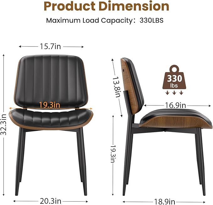 Dining Chairs Set of 2, FSC Certified Mid Century Modern Dining Room Kitchen Chairs, Upholstered PU Leather Vertical Stripe Chairs for Vanity with Walnut Bentwood and Metal Legs, Black