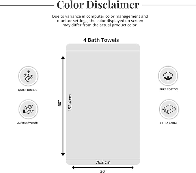 Tens Towels Pack of 4 Extra Large Bath Towels 30 x 60 Inches, 100% Cotton, Larger & Lighter Weight, Quicker to Dry, Super Soft and Absorbent, Perfect for Bathroom, White