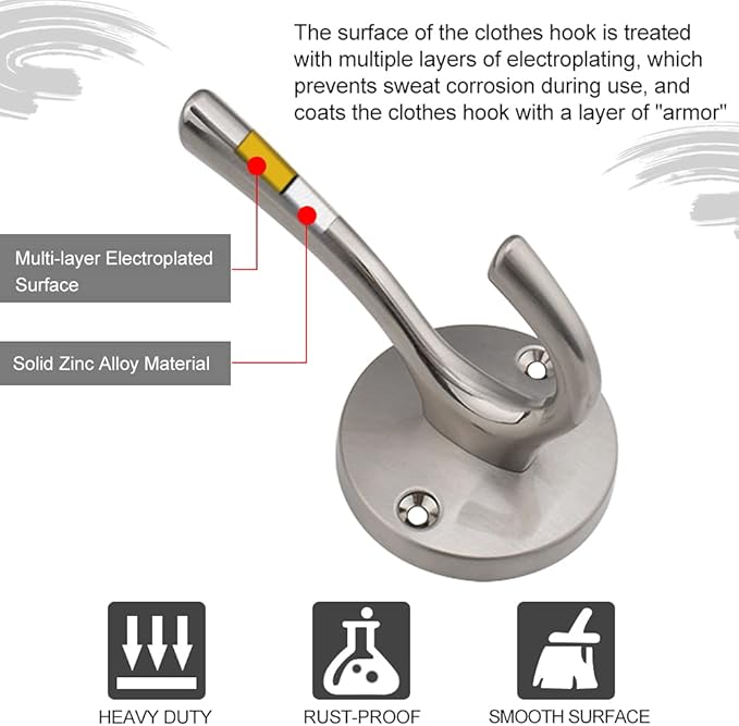 ZUONAI Coat Hooks Brushed Nickel 8 Pack Bathroom Hook for Wall Robe Hook Decorative Metal Clothes Hooks for Hanging Coats and Hat Towel Hang for Bathrooms