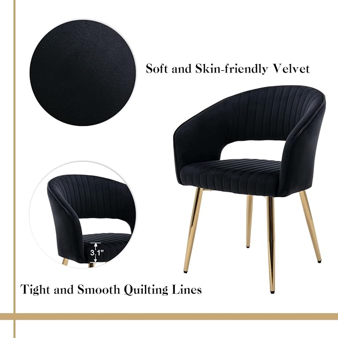 Modern Black Velvet Dining Chairs Set of 8, Upholstered Gold Dining Room Chairs with Tufted Back, Accent Armrest Kitchen Chairs with Gold Legs for Dining Room Reception