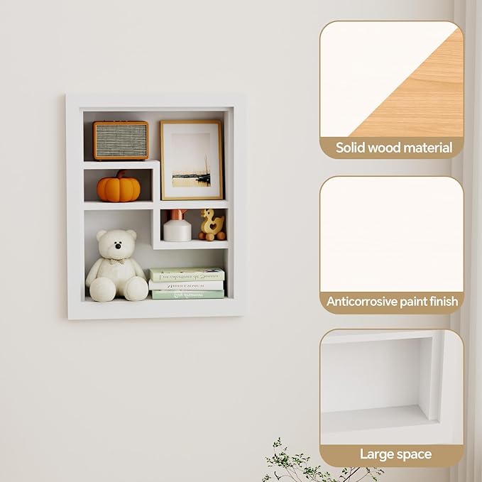 Solid Wood 14 X 18 Recessed Medicine Cabinet,2-Tier, Medicine Cabinet Organizer,Wall Niche, Bathroom Wall Cabinet, Recessed Bathroom Cabinet, Bathroom Cabinet with Storage White