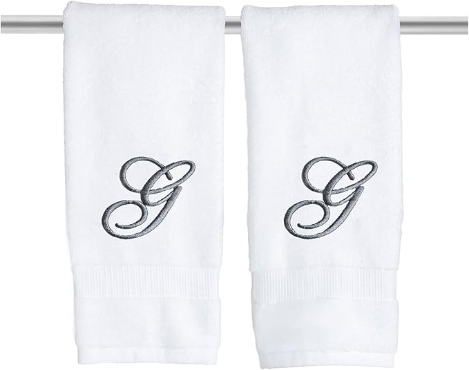 White Monogrammed Hand Towels for Bathroom - Luxury Hotel Quality Personalized Initial Embroidered Towel for Powder Room, Spa - GOTS Organic Certified - Pack of 2 Dark Gray, Letter G