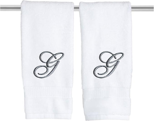 White Monogrammed Hand Towels for Bathroom - Luxury Hotel Quality Personalized Initial Embroidered Towel for Powder Room, Spa - GOTS Organic Certified - Pack of 2 Dark Gray, Letter G