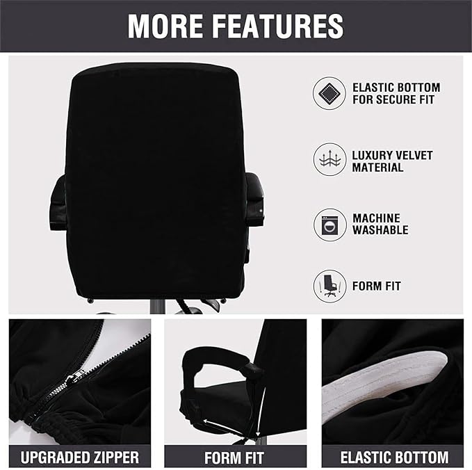 Velvet Plush Stretch Computer Office Chair Cover with Armrest, Chair Seat Cover for Office Chair for Pets & Kids, Removable Universal Desk Chair Covers for Swivel Rotating, Black, XL