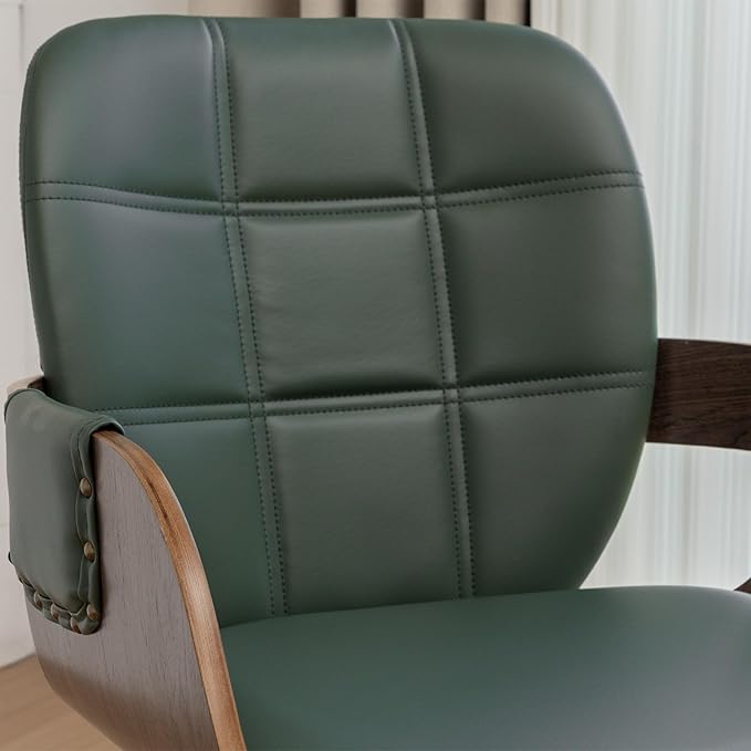 Set of 1 Mid Century Modern Chair - Swivel Dining Chair with Arms and Curved Back, Faux Leather Reception Room Chairs, Ideal for Kitchen/Living Room/Reception/Desk (Walnut Green)