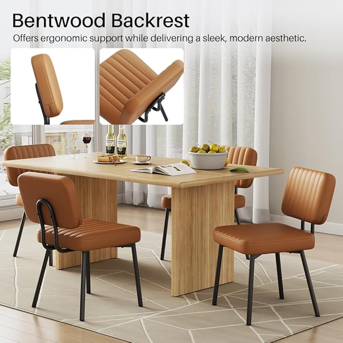 Dining Chairs Set, Upholstered Mid Century Modern Kitchen Dining Room Accent Chairs with Faux Leather Cushion Seat & Metal Legs for Kitchen, Living Room (Brown, Set of 2)
