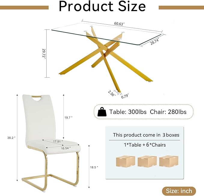 Modern Glass Dining Table Set for 6, Gold Glass Kitchen Table and Chairs Set of 6, 7 Piece Dining Room Table Set with 61" Rectangular Metal Glass Dinner Table and 6 Grey Leather Dining Chairs