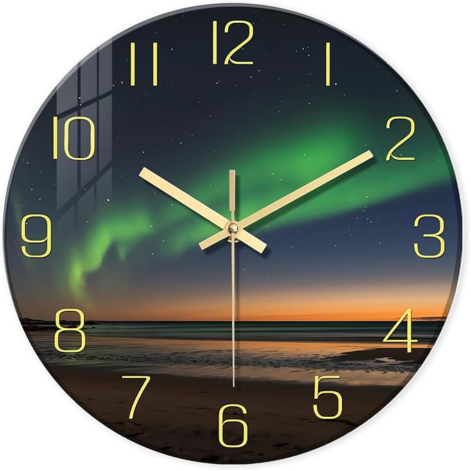 Decorative Wall Clocks Battery Operated 12 Inch Teal Glass Analog Wall Clock for Kitchen Beach Non Ticking Wall Clock Silent