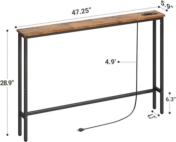 ELYKEN 47.2" Narrow Console Sofa Table with Power Outlet, 5.9'' Behind Couch Table with Charging Station, Long Entryway Tables for Living Room, Hallway, Rustic Brown