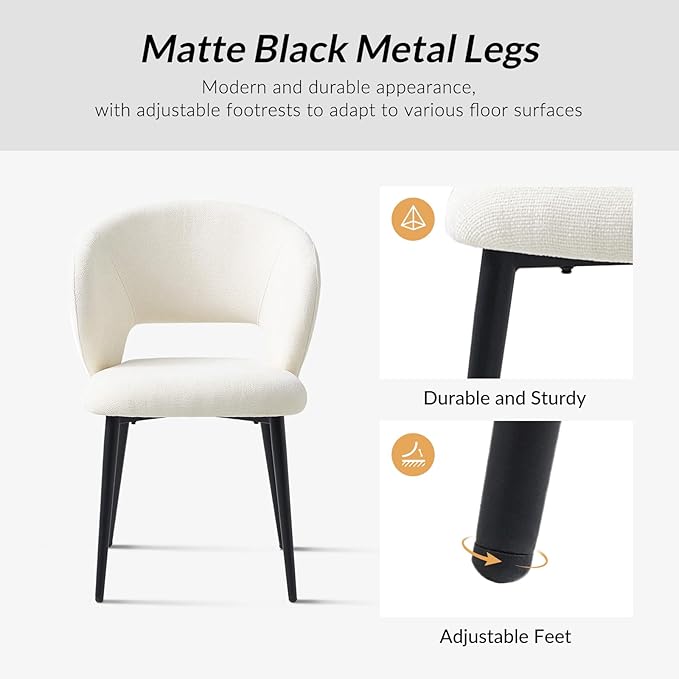 Contemporary Dining Chairs with Armrests – Ergonomic Soft-Padded Seat, Curved Backrest, Matte Black Metal Legs, Comfortable Kitchen & Dining Room Chairs, Set of 6
