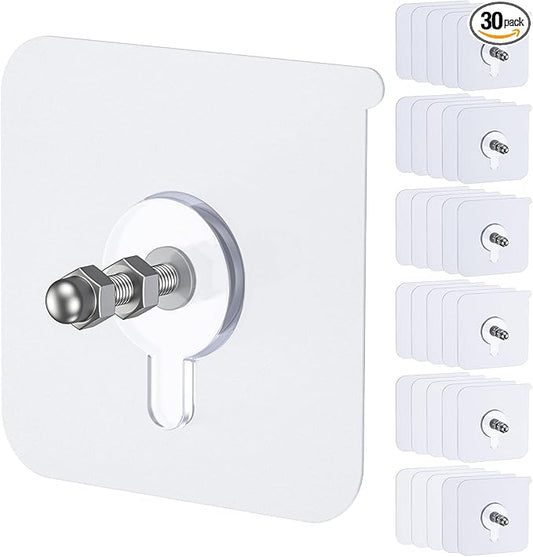 Uniclife 30 Pcs Self Adhesive Picture Hooks, 26.5 lbs Load Heavy Duty Picture Hangers Without Nails, 16 mm Adhesive Wall Hooks for Hanging, Transparent Waterproof Sticky Hooks for Bathroom Kitchen